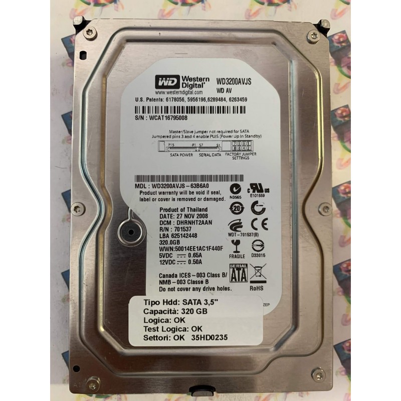 Hard Disk Usato Funzionante 100% Ok SATA 3,5" 320gb WESTERN DIGITAL WD3200AVJS WD3200AVJS-63B6A0 DHRNHT2AAN 701537 27 NOV 2008