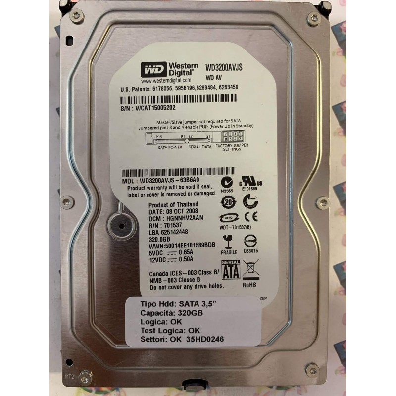 Hard Disk Usato Funzionante 100% Ok SATA 3,5" 320gb WESTERN DIGITAL WD3200AVJS WD3200AVJS-63B6A0 HGNNHV2AAN 701537 08 OCT 2008