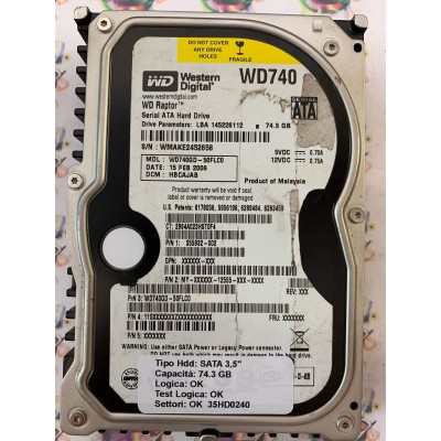 Hard Disk Usato Funzionante 100% Ok SATA 3,5" 74gb WESTERN DIGITAL WD740 WD740GD-50FLC0 HBCAJAB 15 FEB 2006