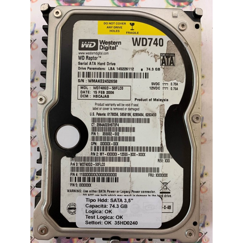 Hard Disk Usato Funzionante 100% Ok SATA 3,5" 74gb WESTERN DIGITAL WD740 WD740GD-50FLC0 HBCAJAB 15 FEB 2006