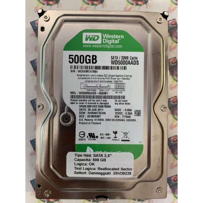 Hard Disk Usato Semifunzionante SATA 3,5" 500gb WESTERN DIGITAL WD5000AADS WD5000AADS-56S9B1 HHRNHT2CHN 4018SR997 28 JUN 2011
