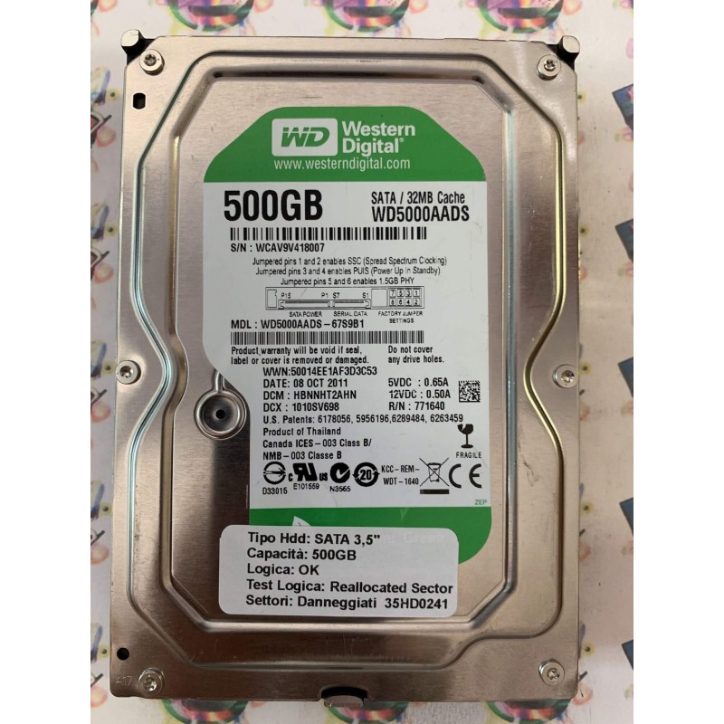 Hard Disk Usato Semifunzionante SATA 3,5" 500gb WESTERN DIGITAL WD5000AADS WD5000AADS-67S9B1 HBNNHT2AHN 1010SV698 771640 08 OCT
