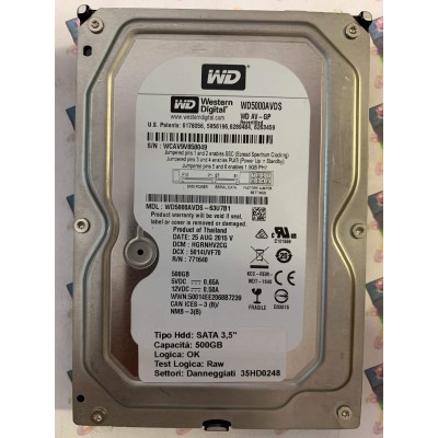 Hard Disk Usato Semifunzionante SATA 3,5" 500gb WESTERN DIGITAL WD5000AVDS WD5000AVDS-63U7B1 HGRNHV2CG 5014UVF70 771640 25 AUG 