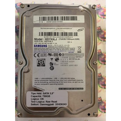 Hard Disk Usato Semifunzionante SATA 3,5" 750gb SAMSUNG HD753LJ 46H81QSSC00080