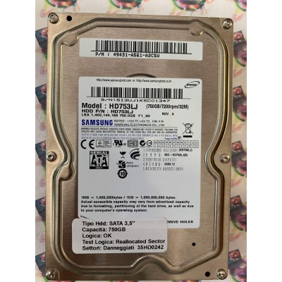 Hard Disk Usato Semifunzionante SATA 3,5" 750gb SAMSUNG HD753LJ 49431-A561-A2C5W 2009.12