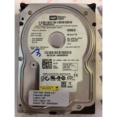 Hard Disk Usato Semifunzionante SATA 3,5" 80gb WESTERN DIGITAL WD800JD WD800JD-75MSA3 HBBHNTJCA A3 09 JUL 2008