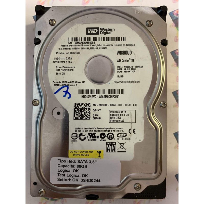 Hard Disk Usato Semifunzionante SATA 3,5" 80gb WESTERN DIGITAL WD800JD WD800JD-75MSA3 HBBHNTJCA A3 09 JUL 2008