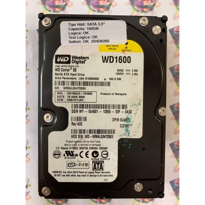 Hard Disk Usato Funzionante 100% Ok SATA 3,5" 160gb WESTERN DIGITAL WD1600JD WD1600JD-75HBB0 DSBHCTJAH 15 MAR 2005