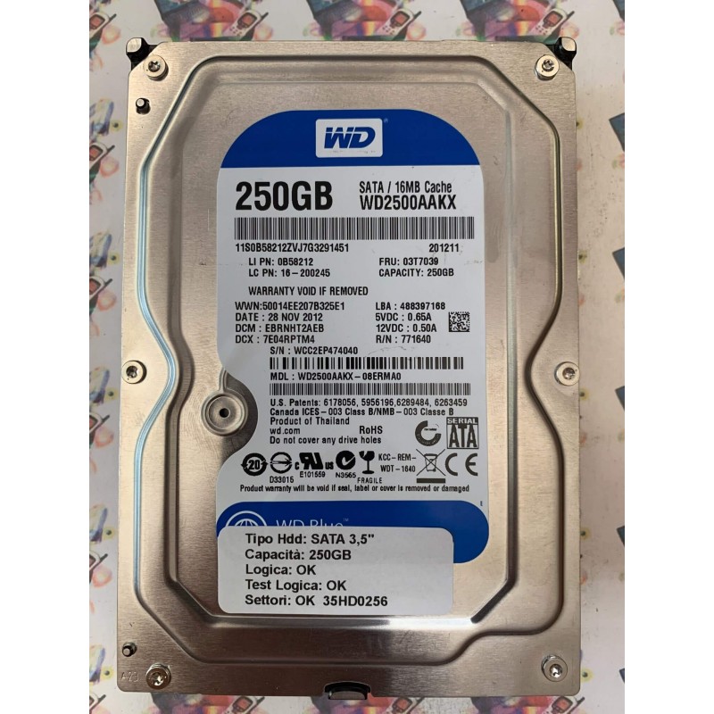 Hard Disk Usato Funzionante 100% Ok SATA 3,5" 250gb WESTERN DIGITAL WD2500AAKX WD2500AAKX-08ERMA0 EBRNHT2AEB 7E04RPTM4 771640 2
