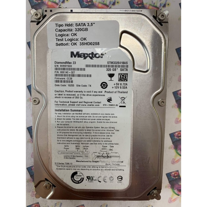 Hard Disk Usato Funzionante 100% Ok SATA 3,5" 320gb MAXTOR STM3320418AS 9SS14C-327 CC38 10255 TK