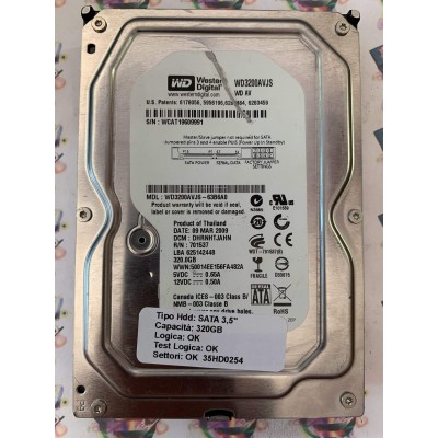 Hard Disk Usato Funzionante 100% Ok SATA 3,5" 320gb WESTERN DIGITAL WD3200AVJS WD3200AVJS-63B6A0 DHRNHTJAHN 701537 09 03 2009