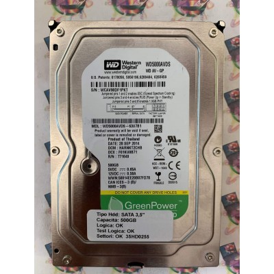 Hard Disk Usato Funzionante 100% Ok SATA 3,5" 500gb WESTERN DIGITAL WD5000AVDS WD5000AVDS-63U7B1 HARNKT2CHB F01KU0B71 771640 28