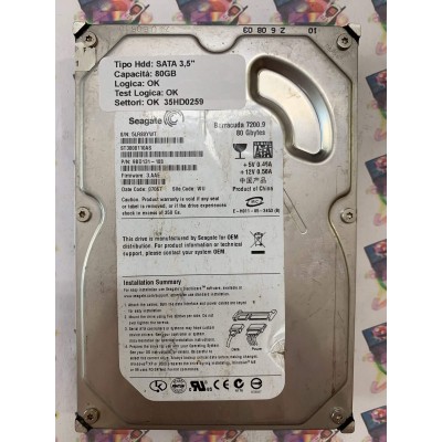 Hard Disk Usato Funzionante 100% Ok SATA 3,5" 80gb SEAGATE ST3808110AS 9BD131-188 3.AAE 07067 WU