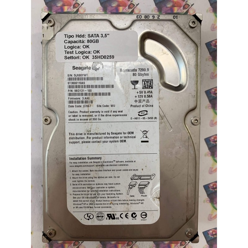 Hard Disk Usato Funzionante 100% Ok SATA 3,5" 80gb SEAGATE ST3808110AS 9BD131-188 3.AAE 07067 WU
