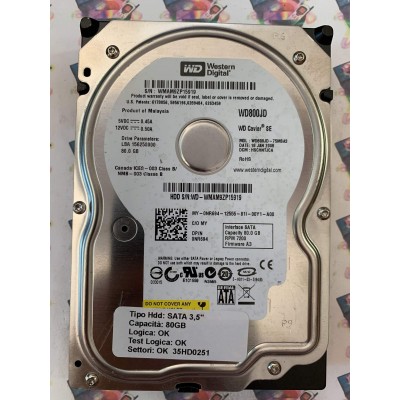 Hard Disk Usato Funzionante 100% Ok SATA 3,5" 80gb WESTERN DIGITAL WD800JD WD800JD-75MSA3 HSCHNTJCA A3 18 JAN 2008