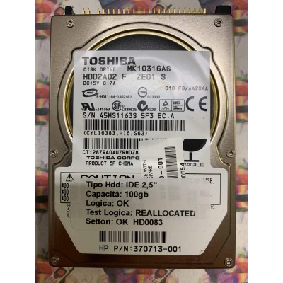 Hard Disk Usato Semifunzionante IDE 2,5" 100GB TOSHIBA MK1031GAS HDD2A02 F ZE01 S 370713-001