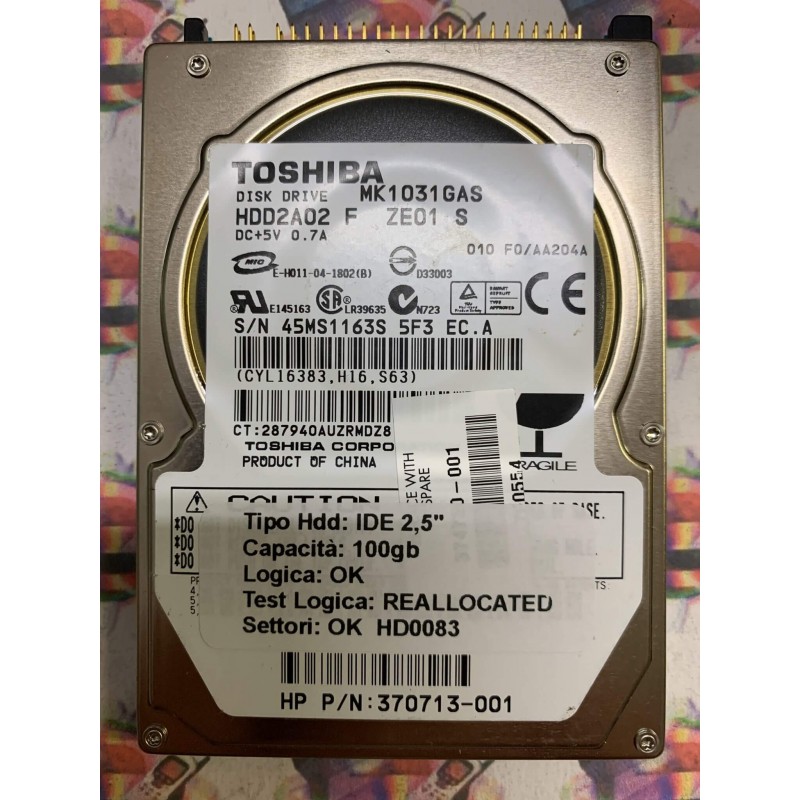 Hard Disk Usato Semifunzionante IDE 2,5" 100GB TOSHIBA MK1031GAS HDD2A02 F ZE01 S 370713-001