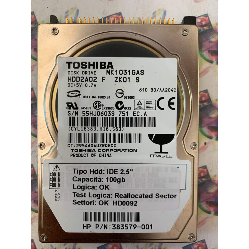 Hard Disk Usato Semifunzionante IDE 2,5" 100GB TOSHIBA MK1031GAS HDD2A02 F ZK01 S