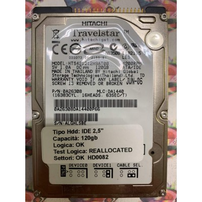 Hard Disk Usato Semifunzionante IDE 2,5" 120GB HITACHI HTS421212H9AT00 0A26308 DA1440 JUN-06