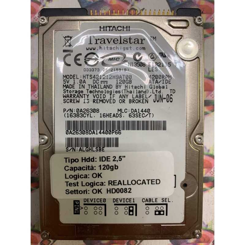 Hard Disk Usato Semifunzionante IDE 2,5" 120GB HITACHI HTS421212H9AT00 0A26308 DA1440 JUN-06