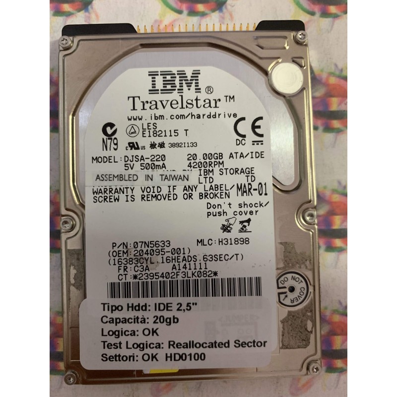 Hard Disk Usato Semifunzionante IDE 2,5" 20GB IBM DJSA-220 07N5633 H31898 C3A A141111 MAR-01