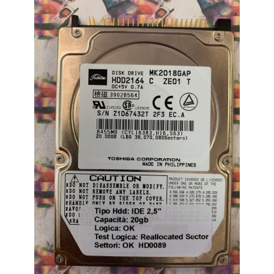 Hard Disk Usato Semifunzionante IDE 2,5" 20GB TOSHIBA MK2018GAP HDD2164 C ZE01 T