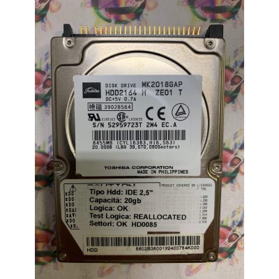Hard Disk Usato Semifunzionante IDE 2,5" 20GB TOSHIBA MK2018GAP HDD2164 H ZE01 T
