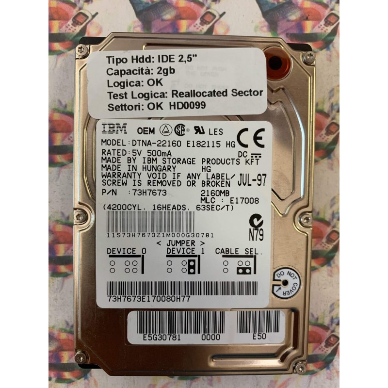 Hard Disk Usato Semifunzionante IDE 2,5" 2GB IBM DTNA-22160 73H7673 E17008 JUL-97