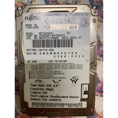 Hard Disk Usato Semifunzionante IDE 2,5" 40GB FUJITSU MHT2040AT CA06297-B47400F2 78140160 2005-07