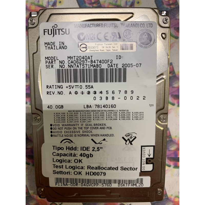 Hard Disk Usato Semifunzionante IDE 2,5" 40GB FUJITSU MHT2040AT CA06297-B47400F2 78140160 2005-07