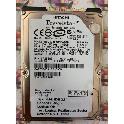 Hard Disk Usato Semifunzionante IDE 2,5" 40GB HITACHI HTS424040M9AT00 0A25590 DA1091 NOV-05