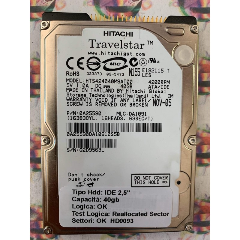 Hard Disk Usato Semifunzionante IDE 2,5" 40GB HITACHI HTS424040M9AT00 0A25590 DA1091 NOV-05