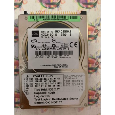 Hard Disk Usato Semifunzionante IDE 2,5" 40GB TOSHIBA MK4025GAS HDD2190 E ZE01 S