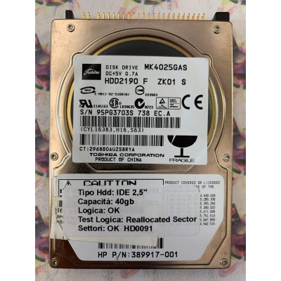 Hard Disk Usato Semifunzionante IDE 2,5" 40GB TOSHIBA MK4025GAS HDD2190 F ZK01 S