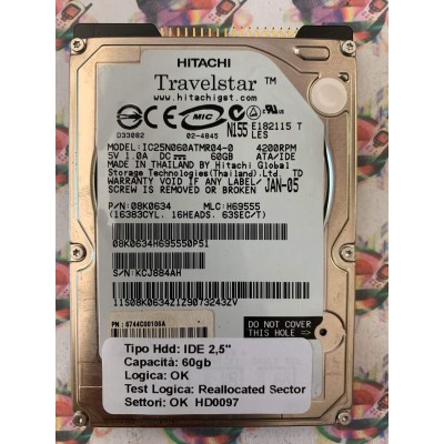 Hard Disk Usato Semifunzionante IDE 2,5" 60GB HITACHI IC25N060ATMR04-0 08K0634 H69555 JAN-05