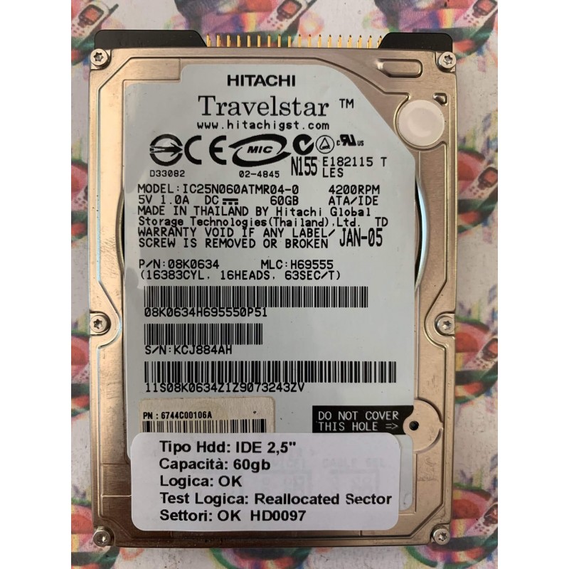 Hard Disk Usato Semifunzionante IDE 2,5" 60GB HITACHI IC25N060ATMR04-0 08K0634 H69555 JAN-05