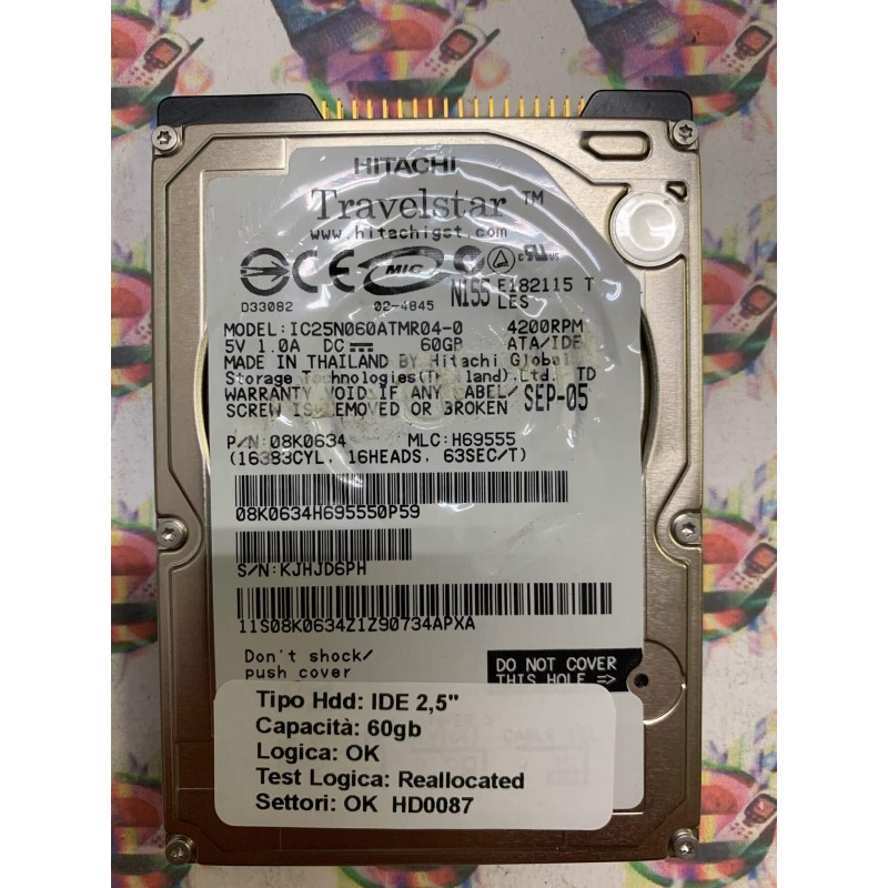 Hard Disk Usato Semifunzionante IDE 2,5" 60GB HITACHI IC25N060ATMR04-0 8K0634 H69555 SEP-05