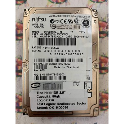 Hard Disk Usato Semifunzionante IDE 2,5" 80GB FUJITSU MHV2080AH CA06531-B35300DL 2008-04-23