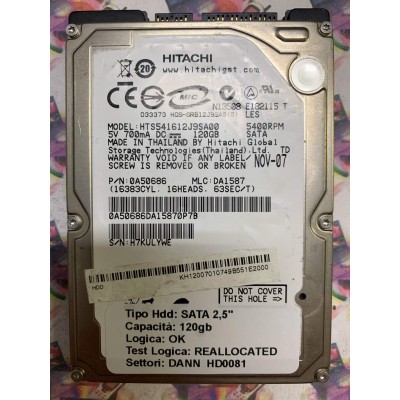 Hard Disk Usato Semifunzionante SATA 2,5" 120GB HITACHI HTS541612J9SA00 0A50686 DA1587 NOV-07