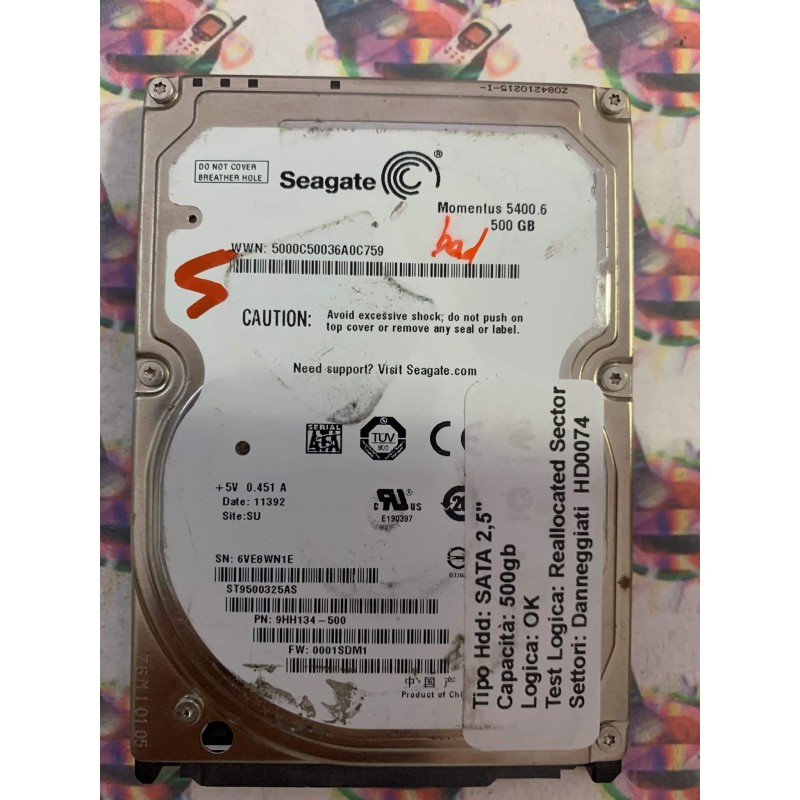 Hard Disk Usato Semifunzionante SATA 2,5" 500GB SEAGATE ST9500325AS 9HH134-500 001SDM1 11392 SU