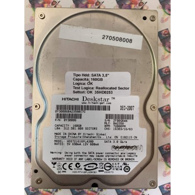 Hard Disk Usato Semifunzionante SATA 3,5" 160gb HITACHI HDS721616PLA380 0Y30006 BA2358 DEC-2007