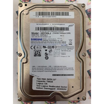 Hard Disk Usato Semifunzionante SATA 3,5" 750gb SAMSUNG HD753JL 487131GS516542 2009.05