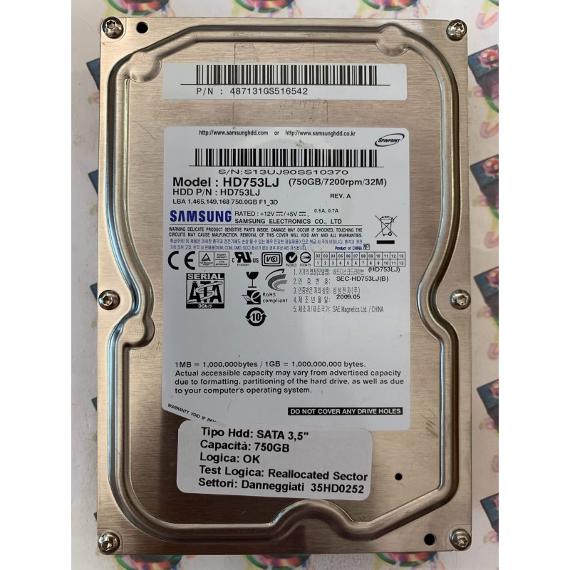 Hard Disk Usato Semifunzionante SATA 3,5" 750gb SAMSUNG HD753JL 487131GS516542 2009.05