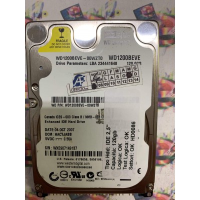 Hard Hard Disk Usato Funzionante 100% Ok IDE 2,5" 120GB WESTRN DIGITAL WD1200BEVE WD1200BEVE-00WZT0 HACTJABB 04 OCT 2007