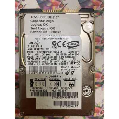 Hard Hard Disk Usato Funzionante 100% Ok IDE 2,5" 20GB IBM IC25N020ATCS04-0 07N8325 H32687 APR-02