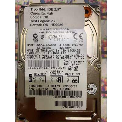 Hard Hard Disk Usato Funzionante 100% Ok IDE 2,5" 4,86GB IBM DBCA-204860 21L9540 F22080
