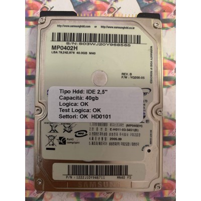 Hard Hard Disk Usato Funzionante 100% Ok IDE 2,5" 40GB SAMSUNG MP0402H 1222J1DY946711 YQ200-05 2005.09