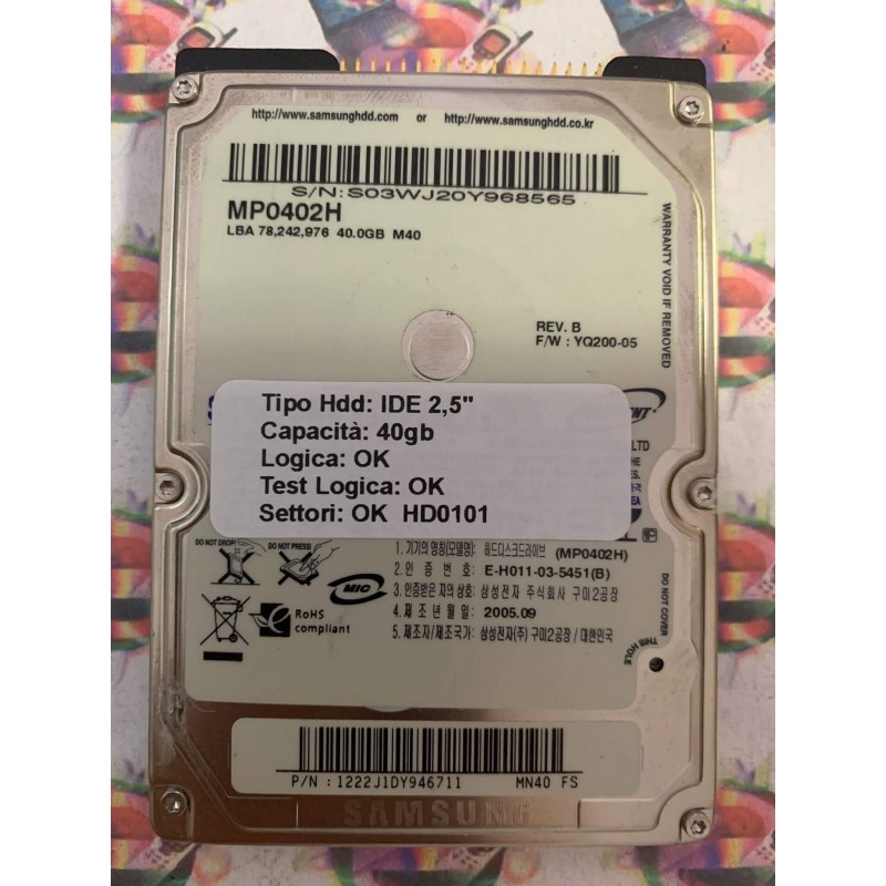 Hard Hard Disk Usato Funzionante 100% Ok IDE 2,5" 40GB SAMSUNG MP0402H 1222J1DY946711 YQ200-05 2005.09