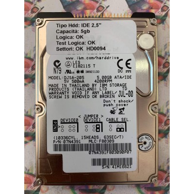Hard Hard Disk Usato Funzionante 100% Ok IDE 2,5" 5GB IBM DJSA-205 07N4391 F80309 JUL-00