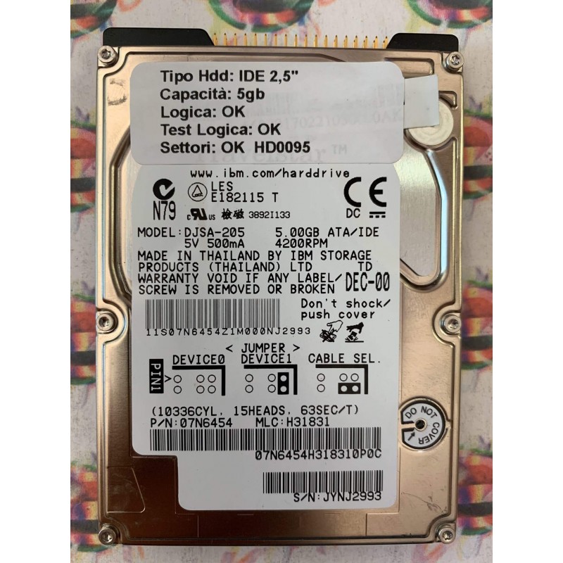 Hard Hard Disk Usato Funzionante 100% Ok IDE 2,5" 5GB IBM DJSA-205 07N6454 H31831 DEC-00